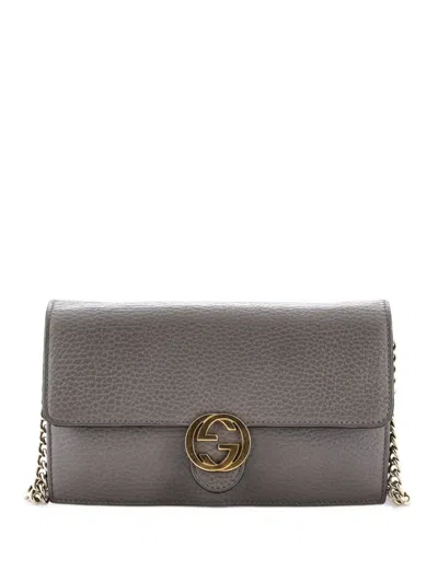 Pre-owned Gucci Interlocking Wallet On Chain Leather Crossbody Bag In Grey