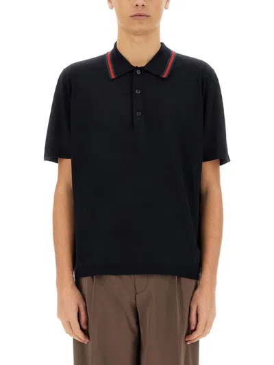 Gucci Knitted Wool Polo Shirt With Web Pattern In Black