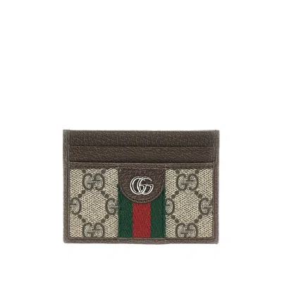 Gucci Leather And Gg Supreme 'ophidia' Cardholder In Brown
