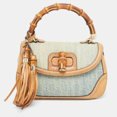 Pre-owned Gucci Light Blue/beige Gg Canvas And Leather Bamboo Top Handle Bag