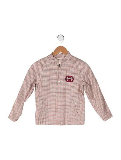 Pre-owned Gucci Kids' Linen Check Print Jacket W/tags In Neutrals/red