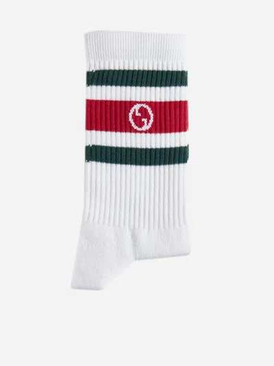 Gucci Logo-intarsia Striped Ribbed Cotton-blend Socks In White
