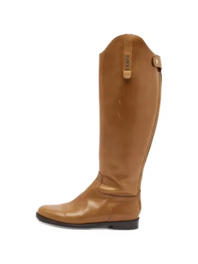 Pre-owned Gucci Logo-tab Knee-length Boots In Brown