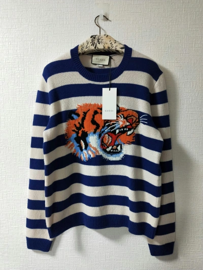 Pre-owned Gucci 'loved' Tiger Intarsia Knit Sweater In Blue White