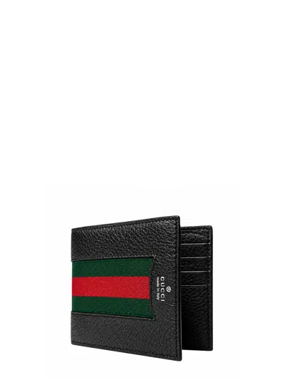 Gucci Matte Leather Web Stripe Bi-fold Wallet In Black