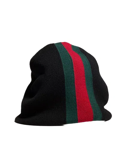 Gucci Men's Black Web Jacquard Detail Knit Wool Hat