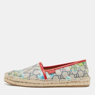 Pre-owned Gucci Navy Blue/beige Gg Supreme Canvas Bloom Print Espadrille Flats Size 38.5