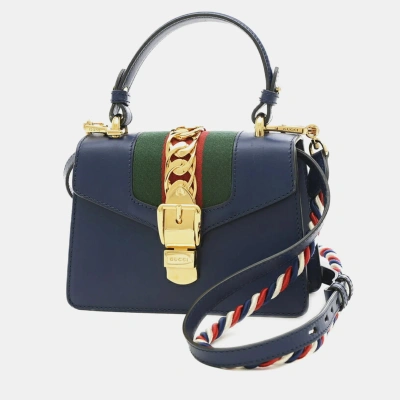 Pre-owned Gucci Navy Leather Mini Sylvie Top Handle Bag In Navy Blue
