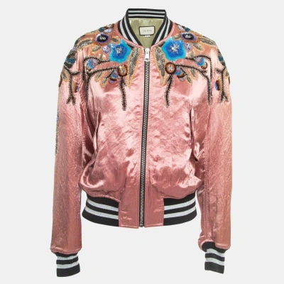 Pre-owned Gucci Pink Floral Sequin Embroidered Satin Bomber Jacket M