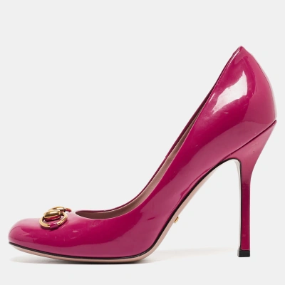 Pre-owned Gucci Purple Patent Horsebit Round Toe Pumps Size 38.5 In Pink