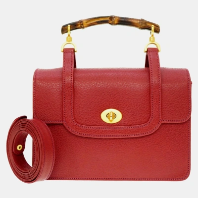 Pre-owned Gucci Red Leather Bamboo Top Handle Bag