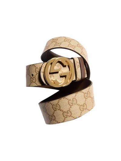 Gucci Reversible Belt With Gg Woven Buckle In Gg Canvas And Leather In Beige