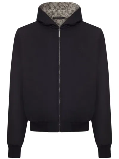 Gucci Reversible Bomber Jacket With Embroidered Crest And Fixed Hood In Black