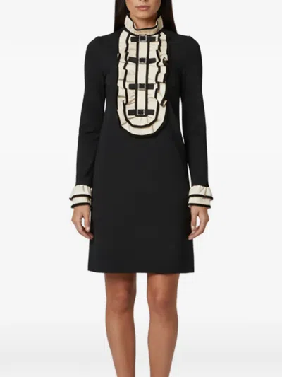 Pre-owned Gucci Ruffled Bib Buckle-detail Mini Dress In Black