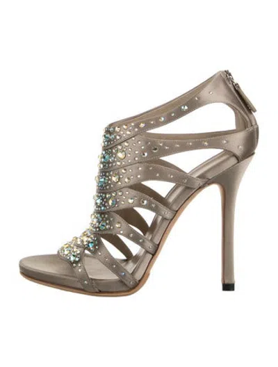 Pre-owned Gucci Satin Crystal Embellishments Gladiator Sandals In Grey