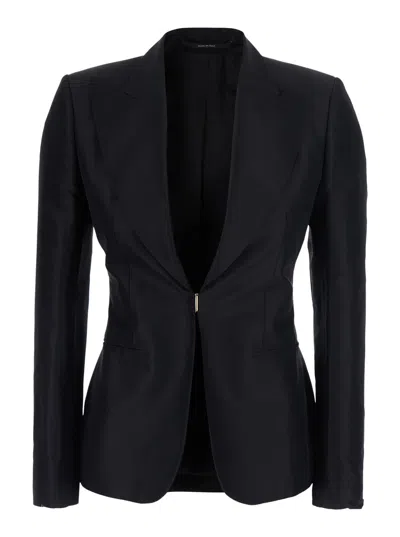 Gucci Silk Single-breasted Peak Revers Jacket With Hook Closure In Black
