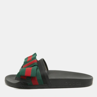 Pre-owned Gucci Tricolor Leather And Fabric Web Bow Pool Slides Size 37 In Black