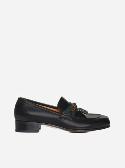 Gucci Web Ribbon Leather Loafers In Black