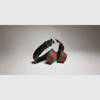 Gucci Web Stripe Leather Belt In Vrvblack