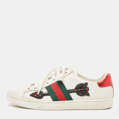 Pre-owned Gucci White Leather Ace Web Arrow Embellished Low Top Sneakers Size 36