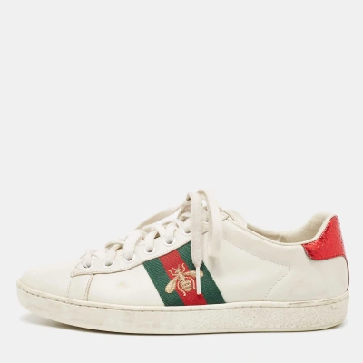Pre-owned Gucci White Leather Embroidered Bee Ace Sneakers Size 36
