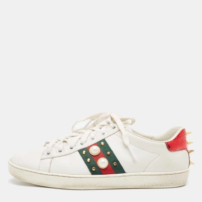 Pre-owned Gucci White Leather Pearl Ace Low Top Trainers Size 36