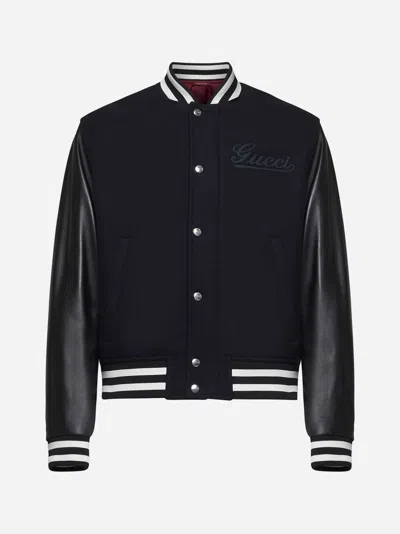 Gucci Wool And Leather Bomber Jacket In Navy