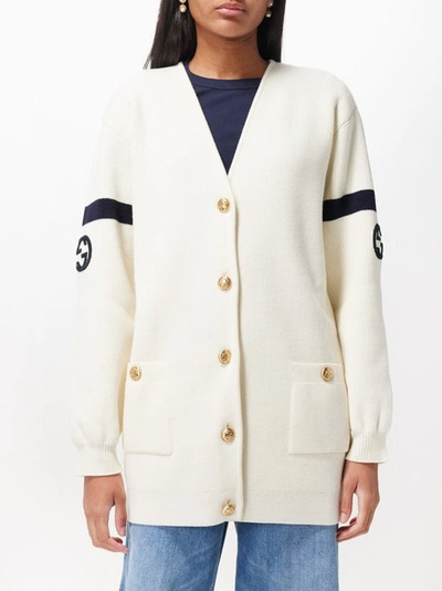 Gucci Wool Blend V-neck Cardigan In Ivory,navy