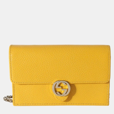 Pre-owned Gucci Yellow Leather Interlocking G Dollar Wallet On Chain