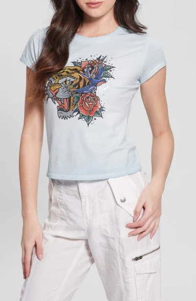 Guess Crystal Tiger Graphic T-shirt In Blue