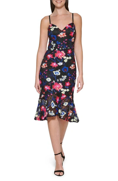 Guess Floral Embroidered Flounce Hem Midi Dress In Black Multi