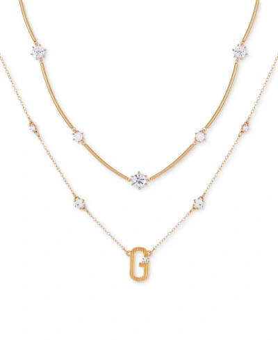 Guess Gold-tone Crystal & Textured Logo Layered Pendant Necklace, 16" + 2" Extender