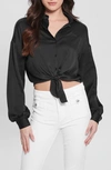 Guess Jun Satin Tie Hem Button-up Shirt In Black