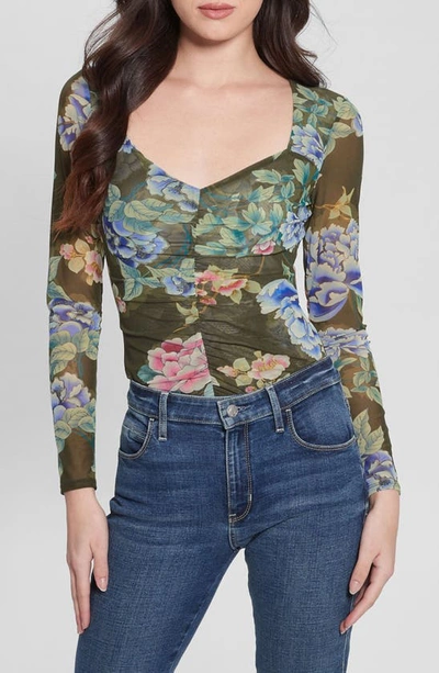 Guess Reyla Floral Mesh Top In Green