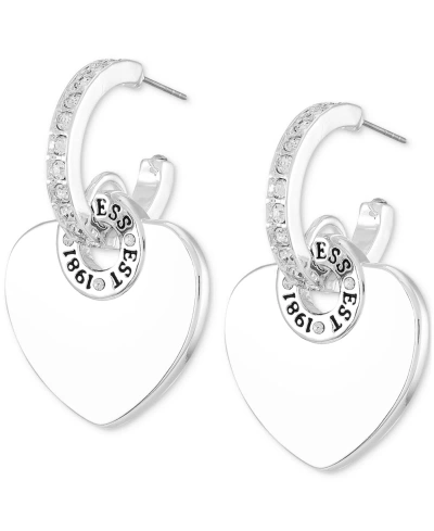Guess Silver-tone Logo Heart Charm Pave Huggie Hoop Earrings
