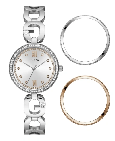 Guess Women's Analog Silver-tone Steel Watch 30mm And 3 Dial Rings Set