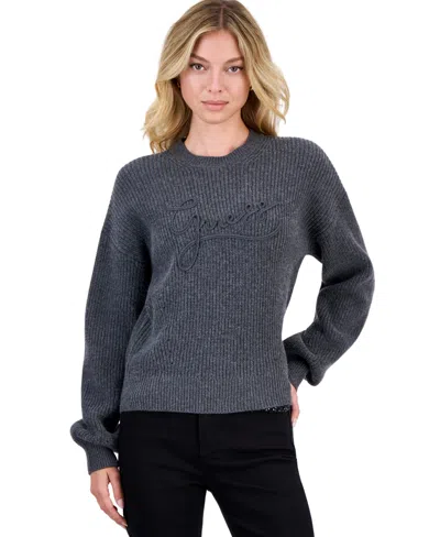 Guess Women's Faith Long-sleeve Ribbed-knit Crewneck Sweater In Gray