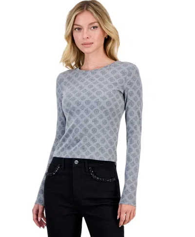 Guess Women's Fausta Allover Jacquard Logo Long-sleeve Crewneck T-shirt In Gray