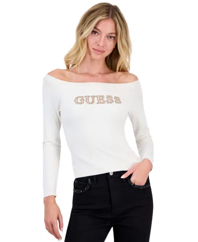 Guess Women's Liliana Off-the-shoulder Long-sleeve Embroidered Sweater In White