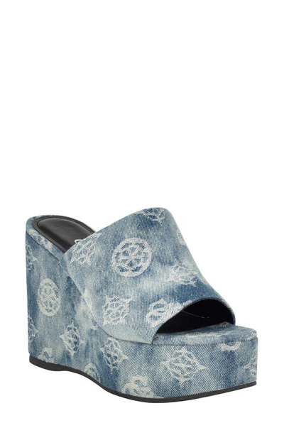 Guess Yenise Platform Wedge Slide Sandal In Blue Denim Logo