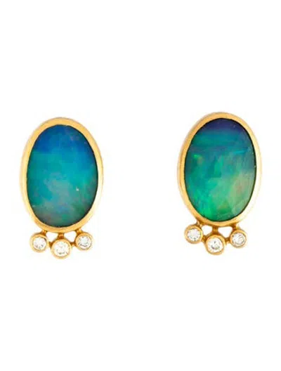 Pre-owned Gurhan 24k Opal & Diamond Earclips In Multicolor
