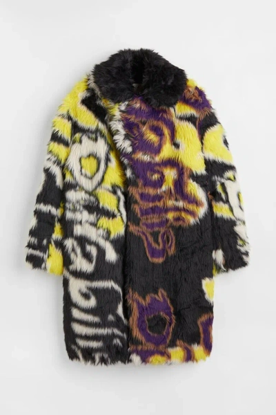 Pre-owned H&m Circular Design Story Collection Men Oversized Faux Fur Coat Size - Xl In Black/yellow/white/purple, Patterned