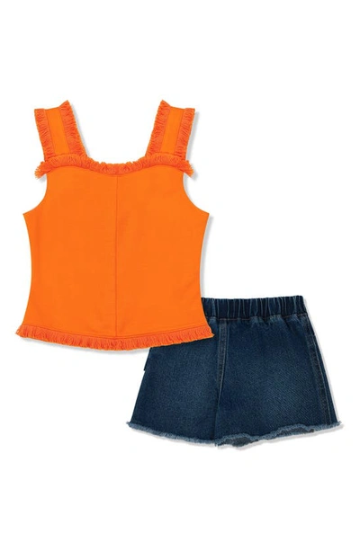 Habitual Kids' Fringe Tank & Denim Shorts Set In Orange