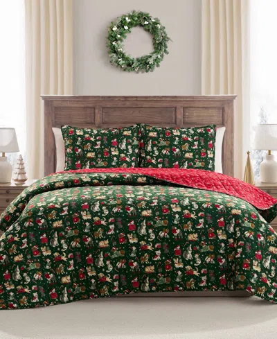 Hallmark Bedding Holiday Pets 3-piece Quilt Set, Full/queen In Green Multi