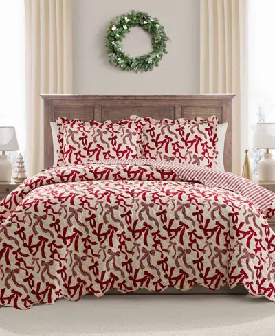 Hallmark Bedding Scallop Bow Holiday 3-piece Quilt Set, King In Red,white
