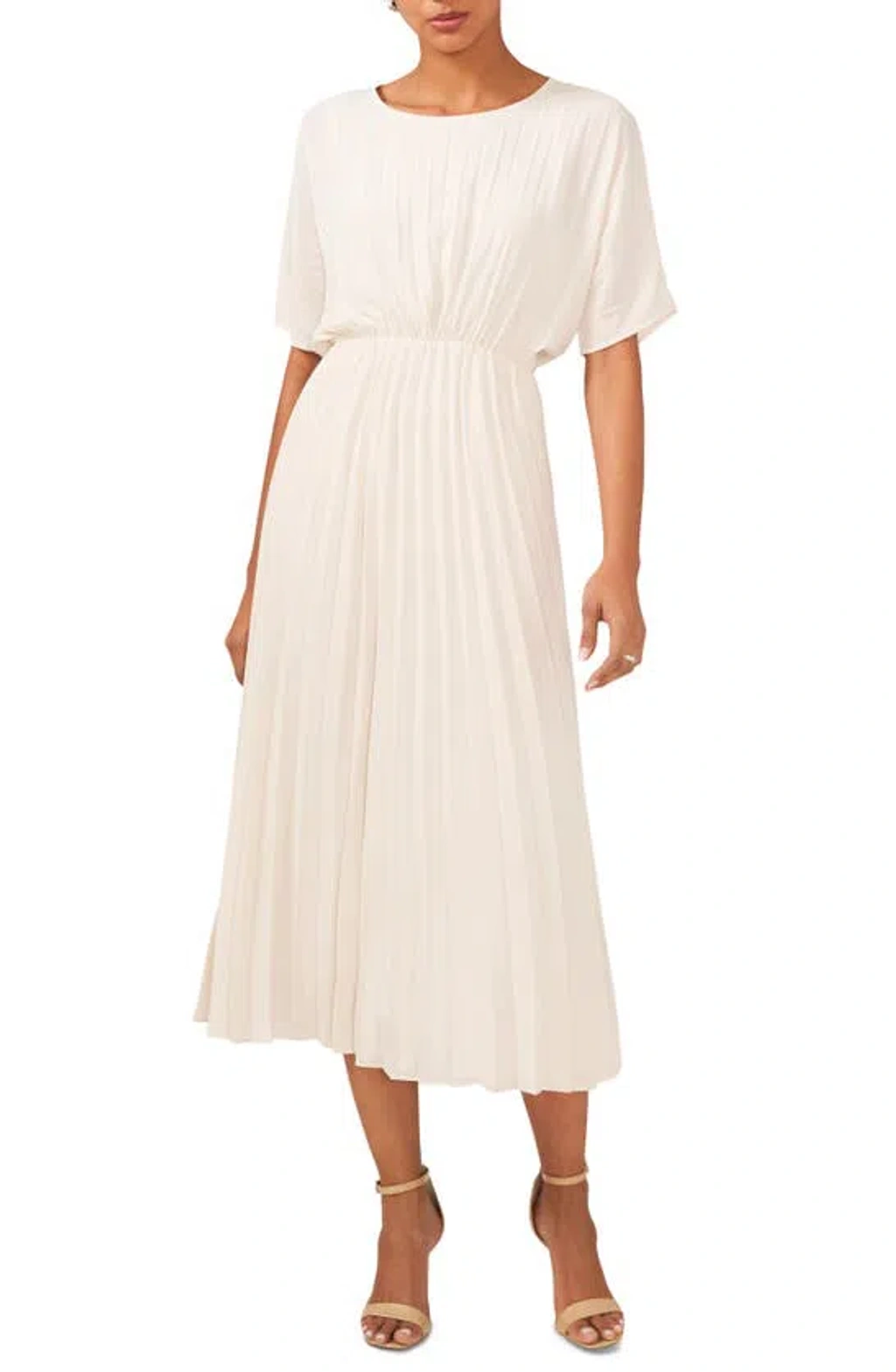 Pleated Midi Dress in White Birch