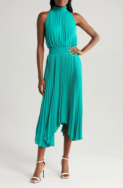 Halogen Pleated Sharkbite Hem Midi Dress In Miami Green