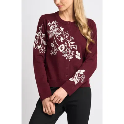 Halogenr Halogen(r) Embroidered Floral Button Front Cardigan In Burgundy