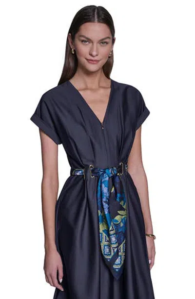 Halston Grommet Belt Zip Front Midi Shirtdress In Blue