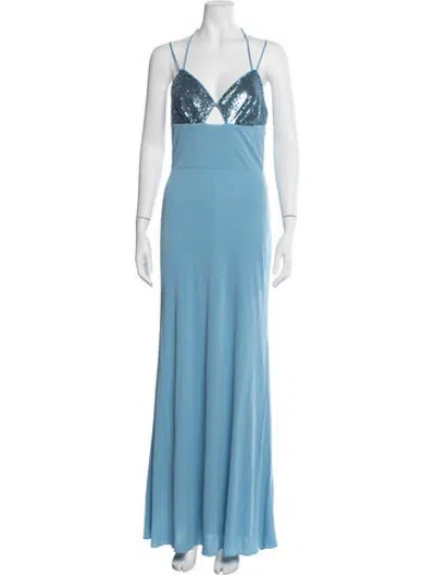 Pre-owned Halston Halterneck Long Dress In Blue